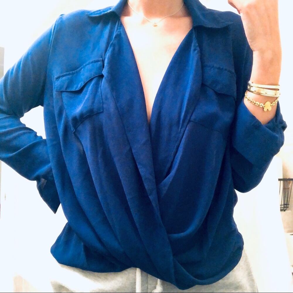 TOBI Midnight Blue Crisscross Front Hi-Low Blouse